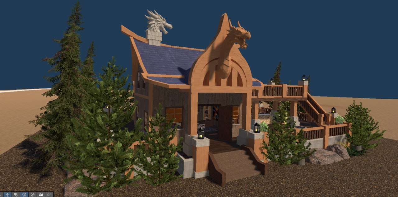 DRC Log Cabin front exterior with dragon sculptures, blue roof, deck and forest landscaping