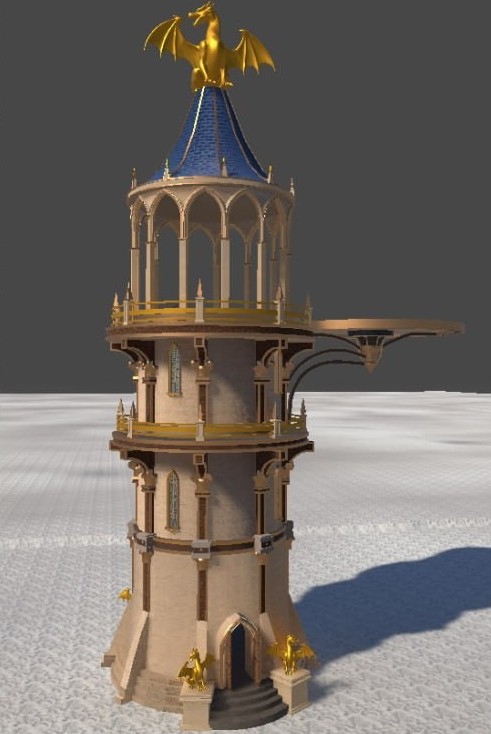 DRC Tower tall circular stone structure with gold dragon rooftop statue and open colonnade