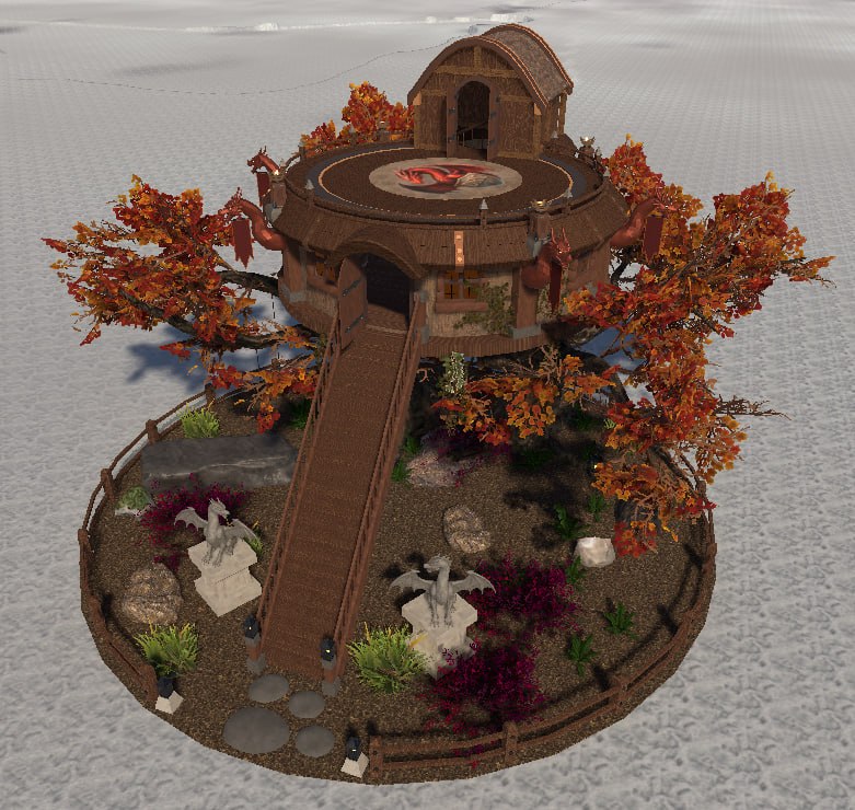 DRC Tree House, elevated round wood building with access bridge and colorful autumn trees